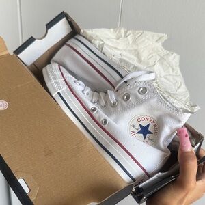 Converse White High-Tops with Red and Blue Stripes